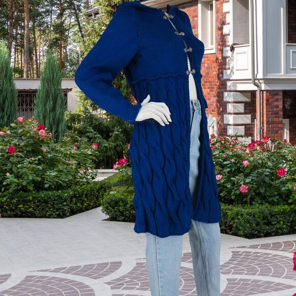 Indigo Cable Knit Hooded Sweater Dress Coat S - Picture 4 of 11